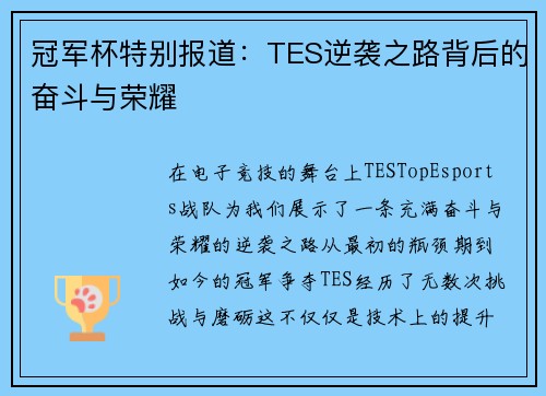 冠军杯特别报道：TES逆袭之路背后的奋斗与荣耀